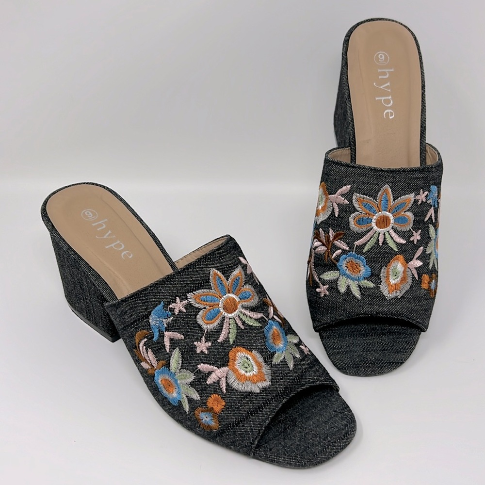 Hype Embroidered Open Toe Block Heel Denim Slip-on Mules Sz. 9